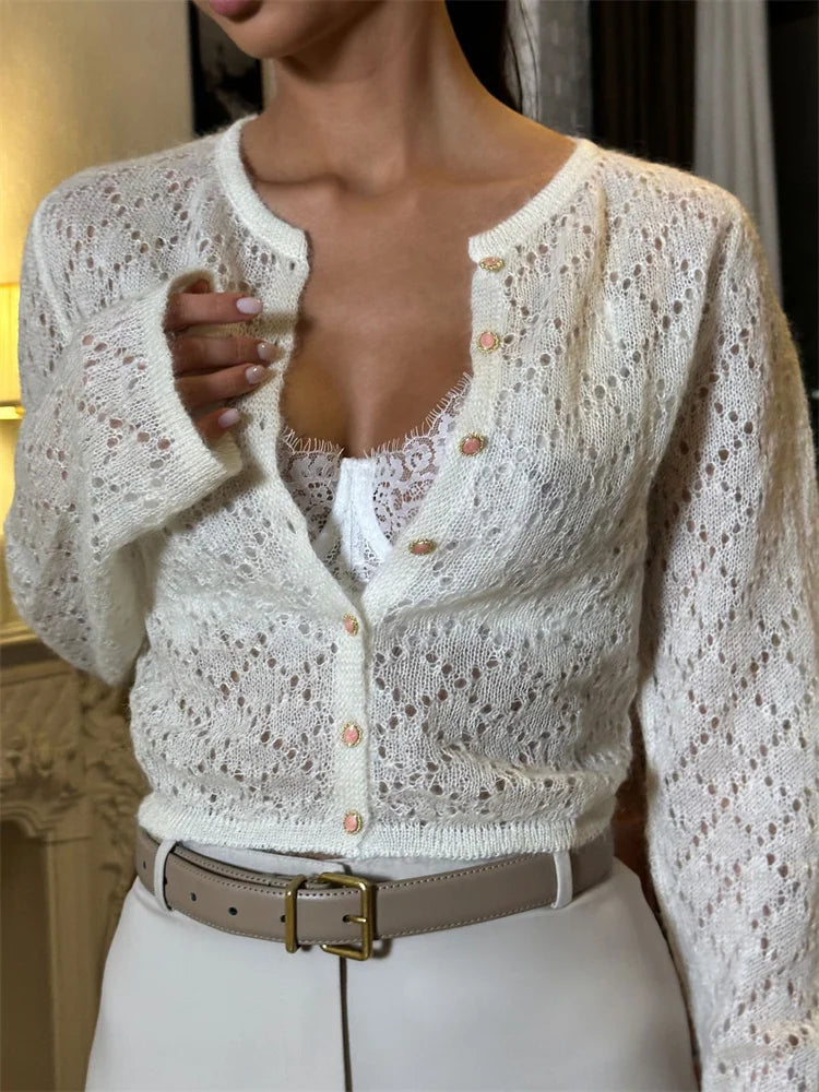 Tossy Summer Knitwear Hollow Out Cardigan Female Long Sleeve Casual Cropped Top Patchwork See-Through Knit Cardigan Outwear 2025 WHITE