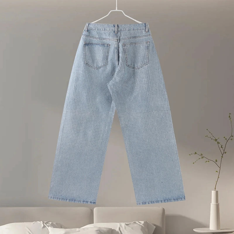 Y2k Women Shiny Rhinestone Denim Pants Wide Leg Straight Full Diamond Jeans for Female Dragging High Street Outwear Trousers