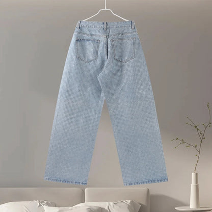 Y2k Women Shiny Rhinestone Denim Pants Wide Leg Straight Full Diamond Jeans for Female Dragging High Street Outwear Trousers