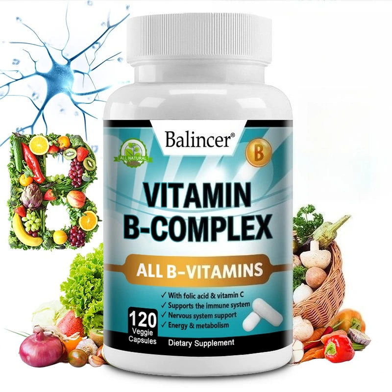 Vitamin B Complex Supplement, Containing Folic Acid and Vitamin C, Supports Energy, Immune Health, Antioxidant Supplement
