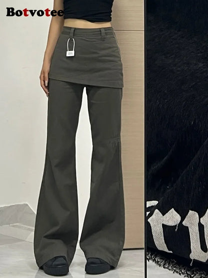 Botvotee Fake Two-Piece Plus size Wide Leg Jeans for Women 2025 New Y2k Fashion Streetwear High Waisted Flare Denim Pants