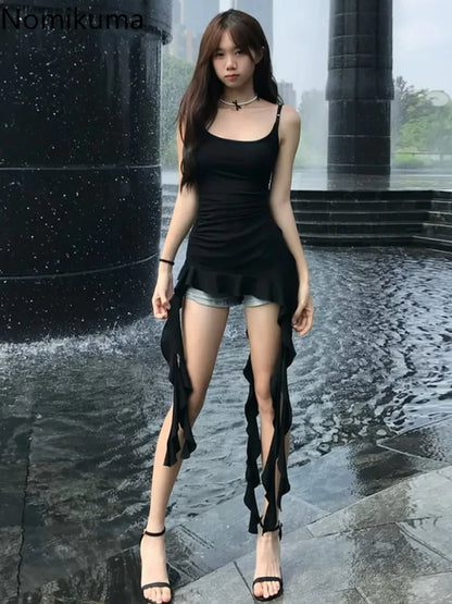 2025 Women Clothing Black Tunic Y2k Top Ruffles Sexy Camis Ropa Mujer Irrgeular Tassel Summer Vest Fashion Korean Crop Tanks