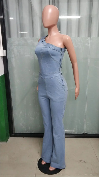 Flare Denim Pants Full Length Women Jeans One Piece Overalls Spliced Solid Jumpsuits Loose Pockets High Waist Basics Washed