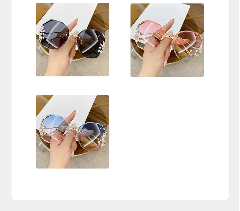 Women's New Diamond-encrusted Sunglasses Rimless Cut Edge Sunglasses Big Face Slimming Sunglasses