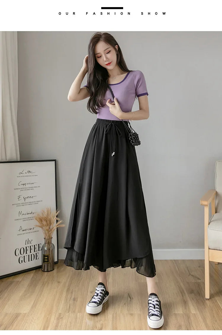 Women Pants Culottes Elastic Wide Leg Irregular Hem Double Layers Korean Trousers Summer Casual Loose Pleated Pants