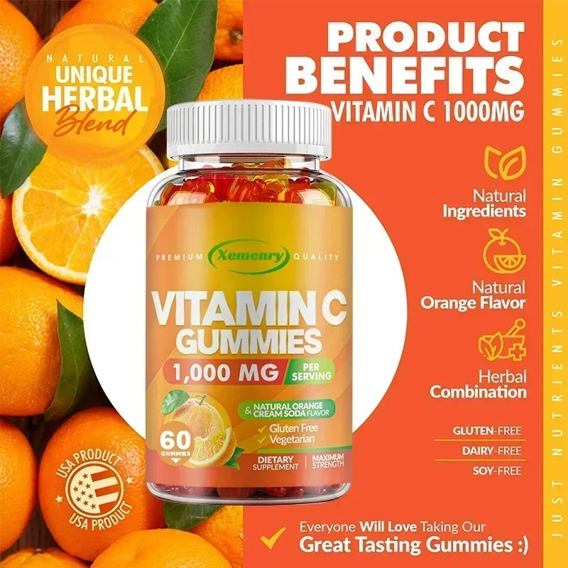 Premium Vitamin C Gummies - Promotes Collagen Production, Antioxidant, Support Skin Glow, Heart Support, Immune