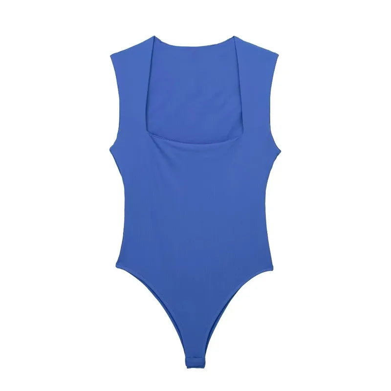 MUJER 2025 Black Woman Body Square Neck Sleeveless Bodysuit Women Blue White Sexy Tight Bodysuit Lingerie Bodycon Summer Tops
