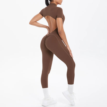 Short Sleeved Fitness Jumpsuit for Woman Bodysuits Backless Solid Color Scrunch One-Piece Suit Half Zipper Gym Yoga Sets Womens Coffee