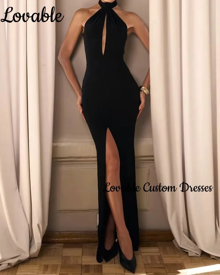 Women'S Evening Dresses Customize Sheath Split Halter Floor-Length Formal Occasion Dresses Black Zipper Up Sleeveless Vestidos Badiee Stylez