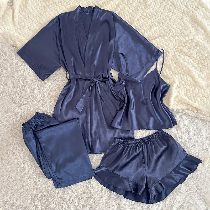 Spring Summer New Women Pajama Four Piece Suit Sleepwear Silky Satin Kimono Bathrobe Trouser Suits Loose Home Clothes Loungewear Navy Blue Robe Set A