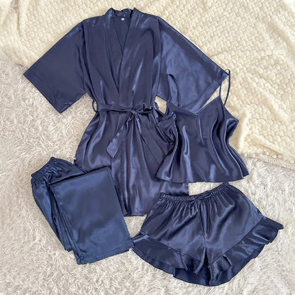 Spring Summer New Women Pajama Four Piece Suit Sleepwear Silky Satin Kimono Bathrobe Trouser Suits Loose Home Clothes Loungewear Navy Blue Robe Set A