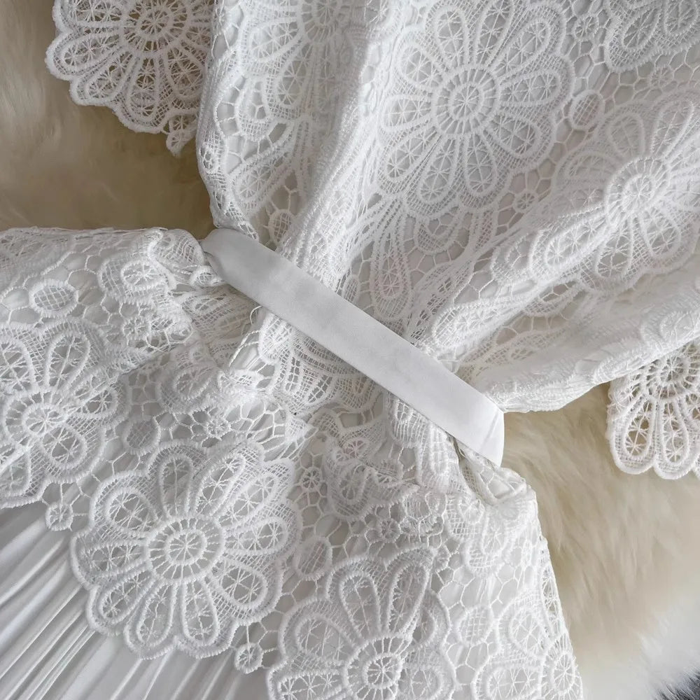 Summer Elegant Crochet Lace Patchwork Chiffon Pleated Dress Women's Short Sleeve Hollow Out Flower Buttons Belt Runway Vestidos