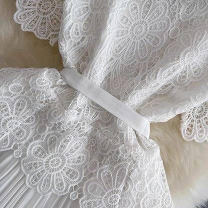 Summer Elegant Crochet Lace Patchwork Chiffon Pleated Dress Women's Short Sleeve Hollow Out Flower Buttons Belt Runway Vestidos