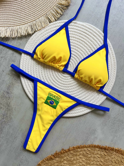 RUOTONSEPT Sexy Embroidery Brasil Flag Contrast Split Bikini Set Women Swimwear Patchwork Swimsuit Hottie Outfit SummerBeachwear RT2532