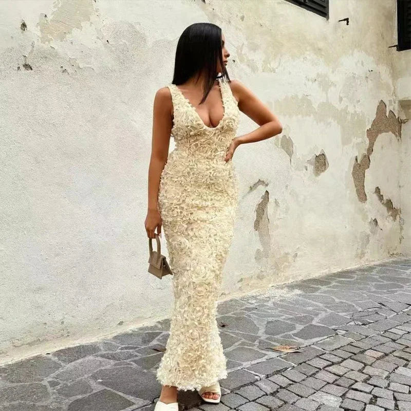 Sexy 3D Flower Deep V-neck Dress Women Slim Sleeveless Backless Split Hip Package Midi Dresses 2025 Spring Ladies New Vestidos