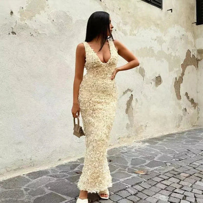 Sexy 3D Flower Deep V-neck Dress Women Slim Sleeveless Backless Split Hip Package Midi Dresses 2025 Spring Ladies New Vestidos