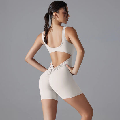 New V Back Scrunch Sports Jumpsuit Women Gym Rompers Sleeveless Sportswear Bodysuits Women Casual One-Piece Suit Yoga Clothing White Ash
