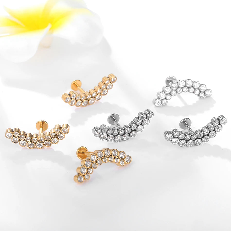 PVD Titanium PIERC Labret Stud Double CZ Paved Ear Cartilage Tragus Helix Earrings Lip Ring Daith Piercing Gift for Women