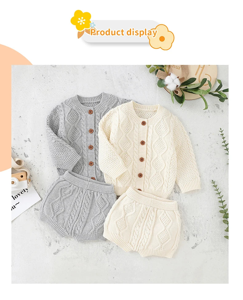 Baby Clothes Sets Cotton Knitted Newborn Boys Girl Sweater Long Sleeve +Pants Autumn Infant Children Cardigan +Shorts 0-18M 2PCS