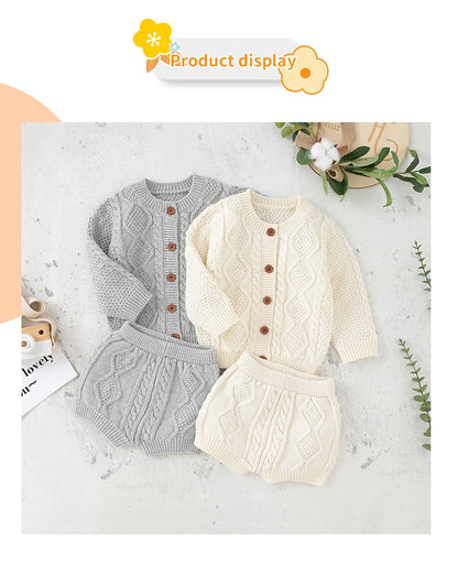 Baby Clothes Sets Cotton Knitted Newborn Boys Girl Sweater Long Sleeve +Pants Autumn Infant Children Cardigan +Shorts 0-18M 2PCS