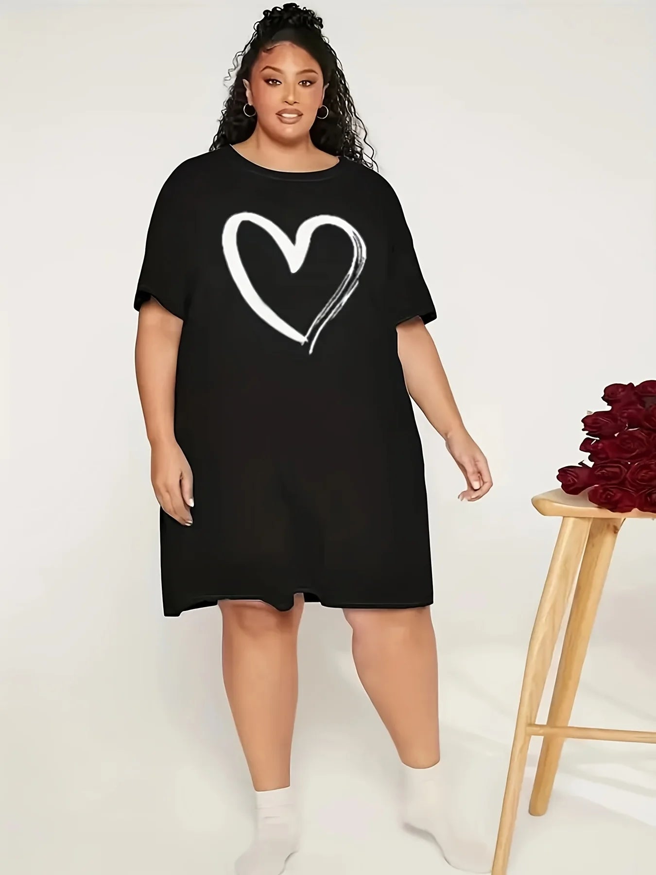 Summer Women's Plus Size Let Me Sleep Graphic T-shirts Dress Short Sleeve Round Neck Casual Sleepwear with Heart Design Dress
