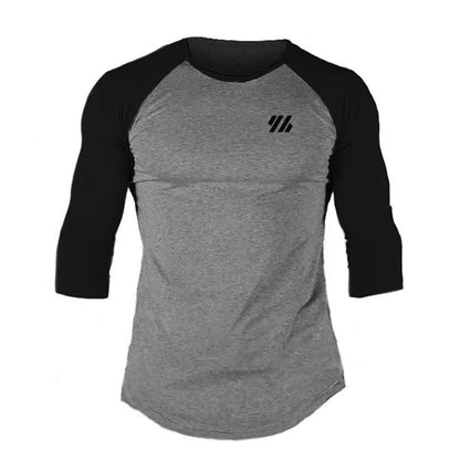 Men's Three Quarter Sleeves Cotton Slim Fit Shirts Fashion Color Contrast Sportswear Gym Bodybuilding Fitness Workout T-Shirts gray