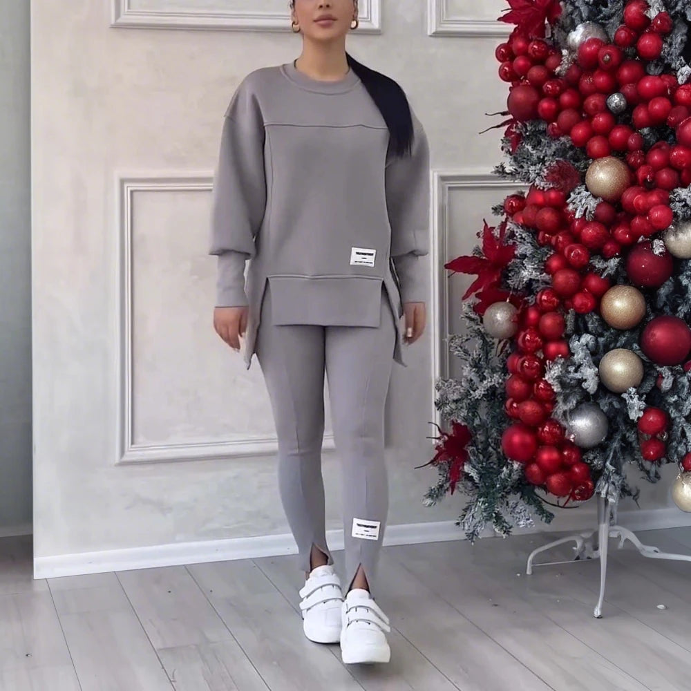 Women Two Piece Set Irregular Sweatshirt Long Sleeved Pullover Top Trouser Pants Set Autumn Winter Lady Solid Loose Outfits M L GRAY