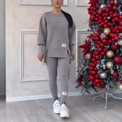 Women Two Piece Set Irregular Sweatshirt Long Sleeved Pullover Top Trouser Pants Set Autumn Winter Lady Solid Loose Outfits M L GRAY