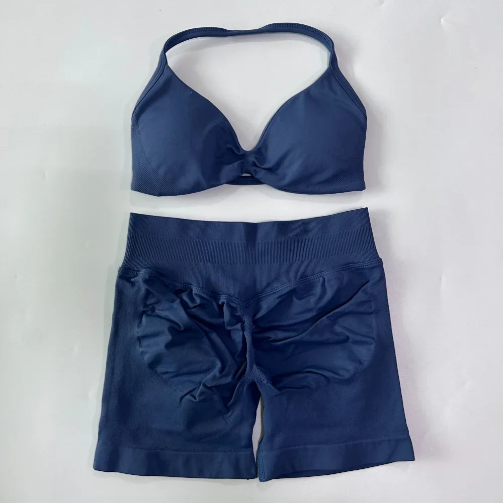 NO LOGO 2PCS Gym Set Women Strappy Yoga Bra Top High Waist Workout Scrunch Shorts Sports Suit Seamless Yoga Set Fitness Clothes Badiee Stylez