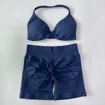 NO LOGO 2PCS Gym Set Women Strappy Yoga Bra Top High Waist Workout Scrunch Shorts Sports Suit Seamless Yoga Set Fitness Clothes Badiee Stylez