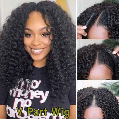 250% Kinky Curly V Part Wig Human Hair No Leave Out Upgrade Deep Wave Curly V Shape Wig No Glue Clip In Half Wig For Women