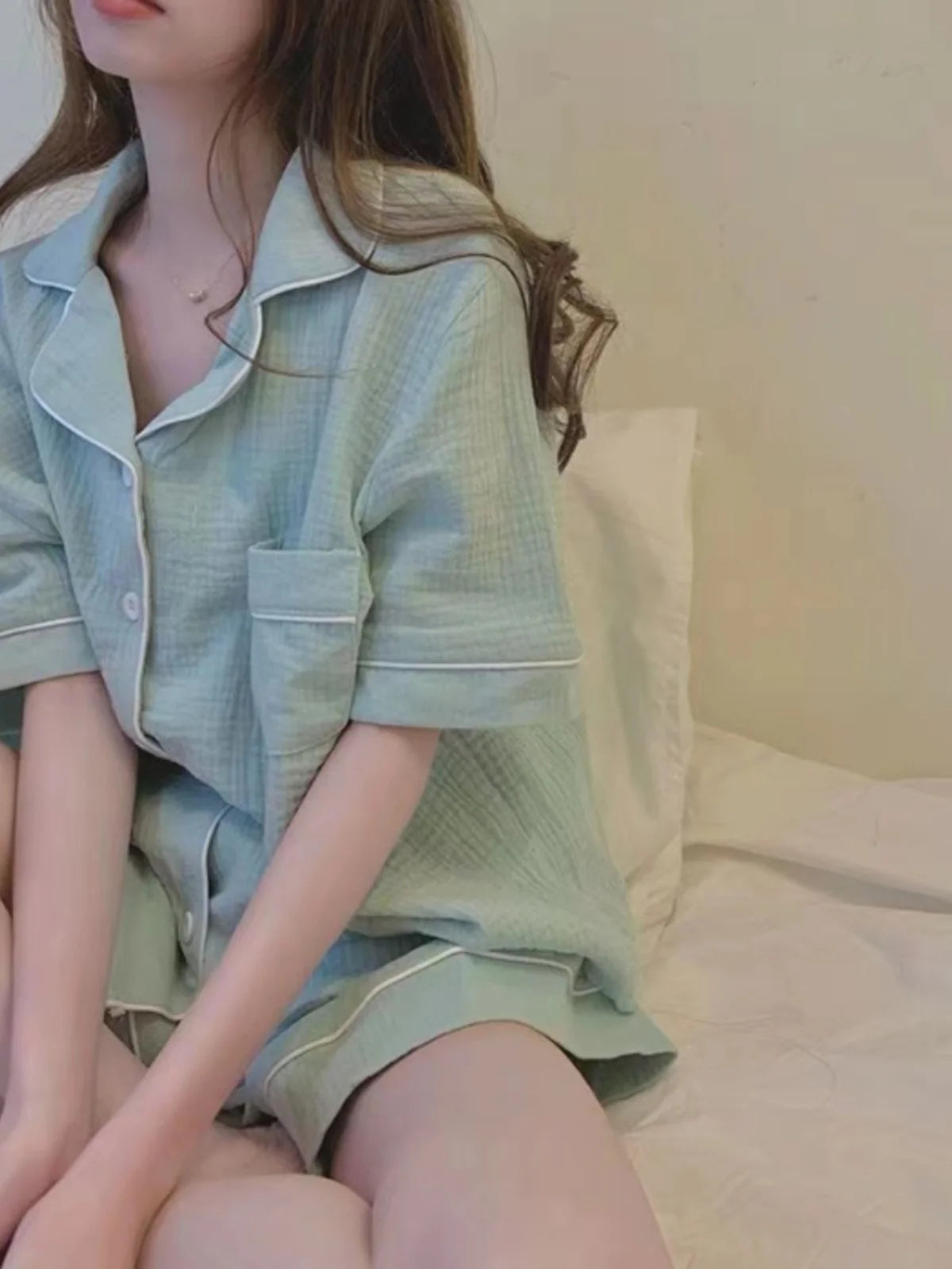 Summer Soft Cotton Linen Nightgown Women's ort Sve Home Clothes Two-Piece Set Cute Youth Polyester Fiber Thin Fabric