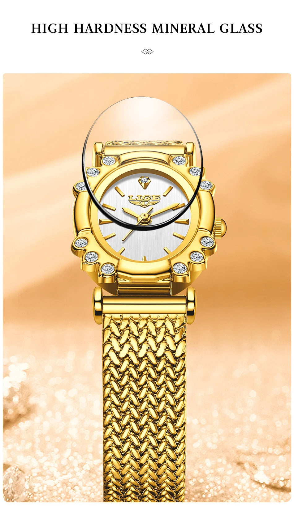 LIGE 2025 New Gold Square Watch For Women Simple Fashion Waterproof Quartz Ladies Watches Ultra-Thin Mesh Women's Bracelet Watch