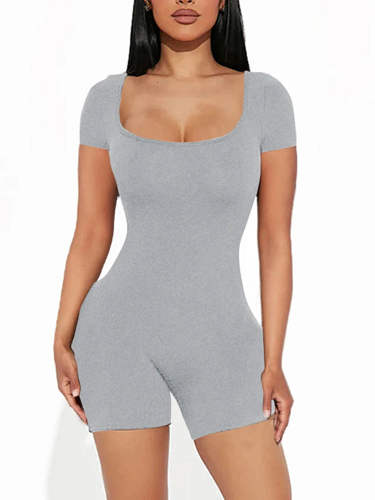 2025 Summer New Women's Sexy Solid Color Short Sleeve U Neck Jumpsuit Short Jumpsuit Yoga Fitness One Piece Polyester Grey