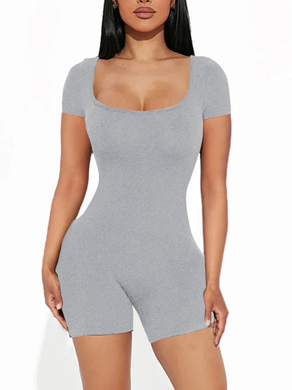 2025 Summer New Women's Sexy Solid Color Short Sleeve U Neck Jumpsuit Short Jumpsuit Yoga Fitness One Piece Polyester Grey