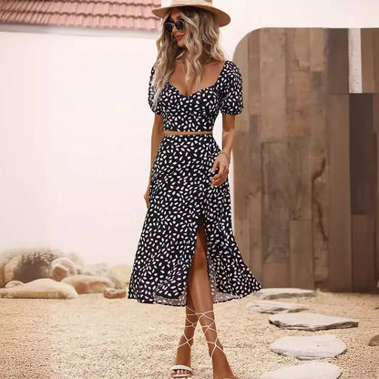Womans Clothes Summer Printed Two Piece Sets Womens Outifits Party Fashion V-neck Short Sleeve Tops and Long Slit Skirt Sets