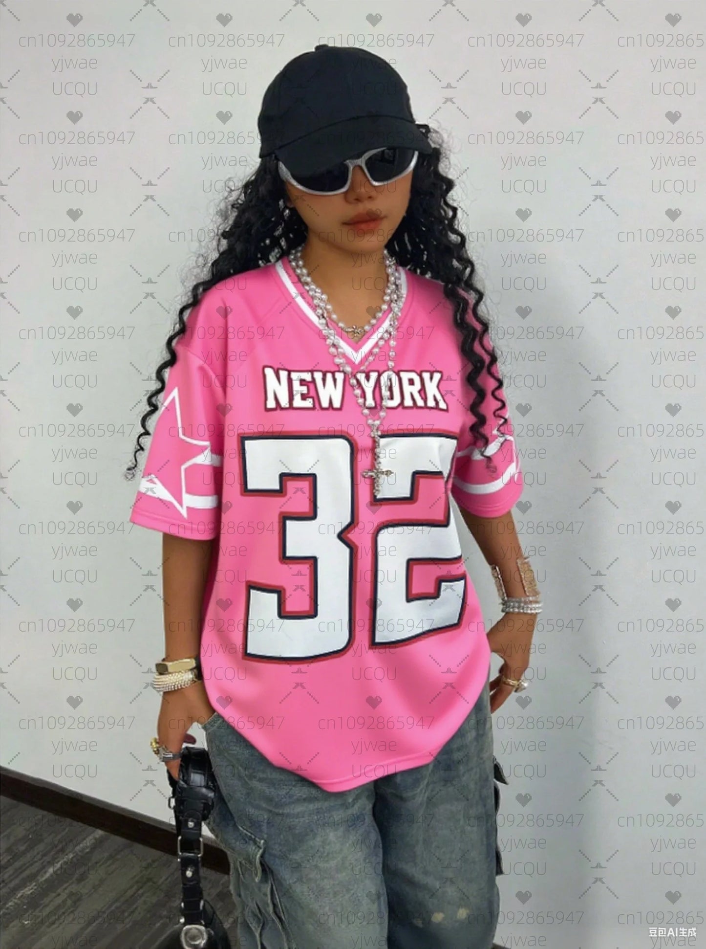 2025 Women Baseball Jerseys NEW YORK 32 Print V-Neck Short Sleeve T-Shirt Summer Tee Stripe Oversized Sport T-Shirt Badiee Stylez