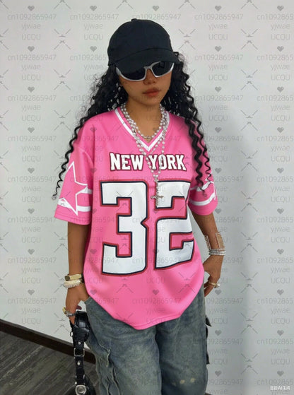 2025 Women Baseball Jerseys NEW YORK 32 Print V-Neck Short Sleeve T-Shirt Summer Tee Stripe Oversized Sport T-Shirt Badiee Stylez