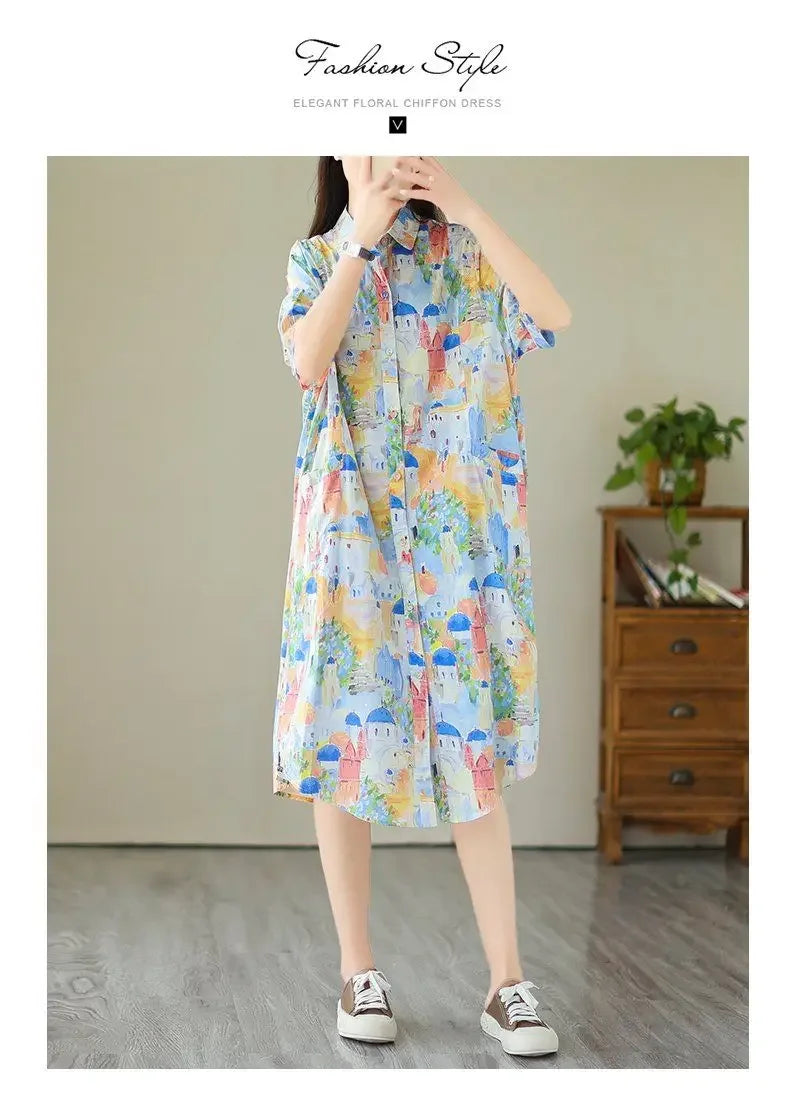 Fashionable Cartoon Printed Short-sleeved Shirt Skirt for Women in Summer Loose Dress