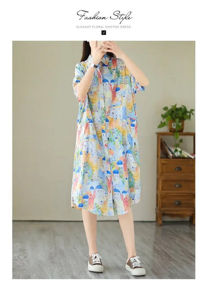 Fashionable Cartoon Printed Short-sleeved Shirt Skirt for Women in Summer Loose Dress