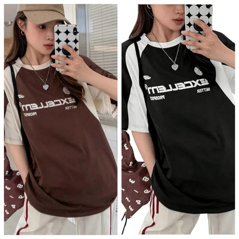 Women's Contrast Letters Printed Round Neck Short Sleeve T-Shirt Summer Women Clothing Fashion Korean Y2K Streetwear Tops