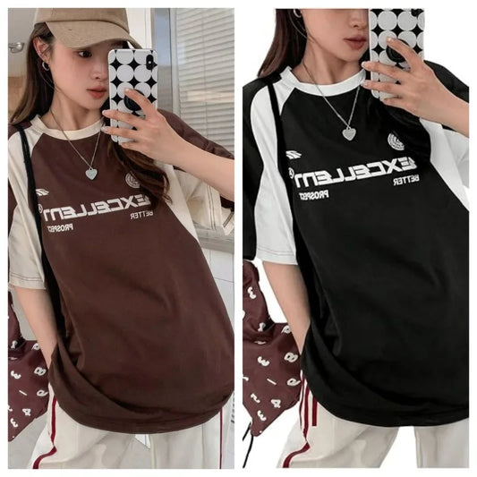 Women's Contrast Letters Printed Round Neck Short Sleeve T-Shirt Summer Women Clothing Fashion Korean Y2K Streetwear Tops