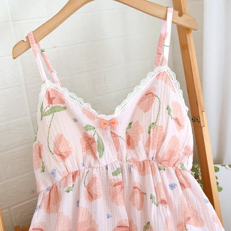 2025 New Summer Women's Pajama Set 100% Cotton Suspenders+Shorts with Chest Pads Two Piece Set of Ladies Flower Home Furnishings