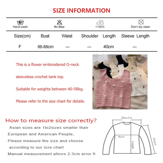 Women Summer Flower Embroidered Knit Tank Tops O-Neck Sleeveless Sweet Camisole Crochet Outer Wear Vintage Loose Inner Crop Tops