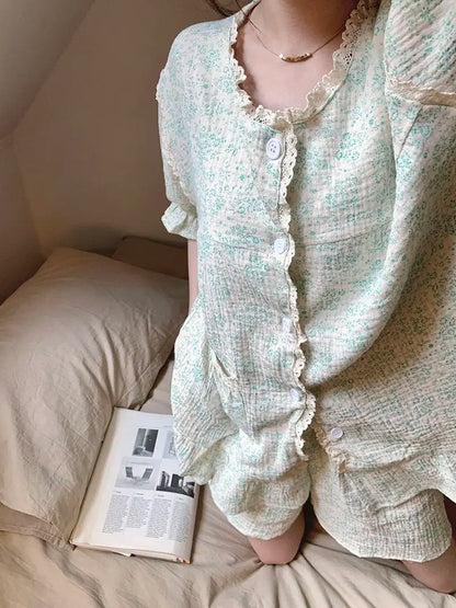 Ruffles Women Pajamas Sets for Home Summer Floral Sleepwear Shorts Sleeve Lace 2 Pieces Button Night Wears Korean Home Suit 2024