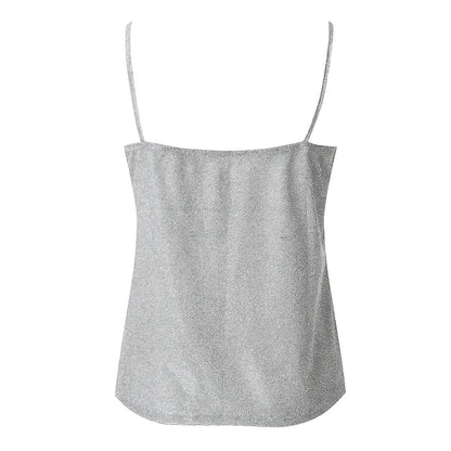 Women’s Solid Color V-Neck Tank Tops Ladies Glitter Strappy Sexy Cami Swing Vest Clubwear Fashion Canottiera Donna Estiva