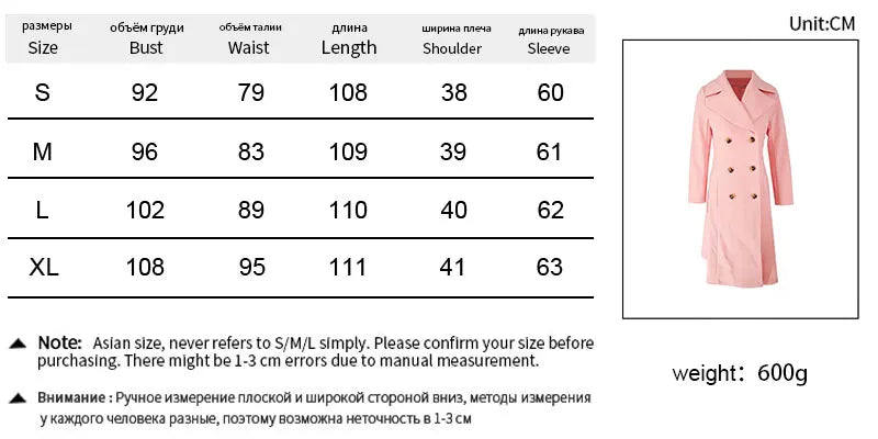 Women Trench New Autumn Winter Pink Coat Fashion Streetwear Suit Collar Button Elegant Lady Coat Trench Slim Versatile Clothing