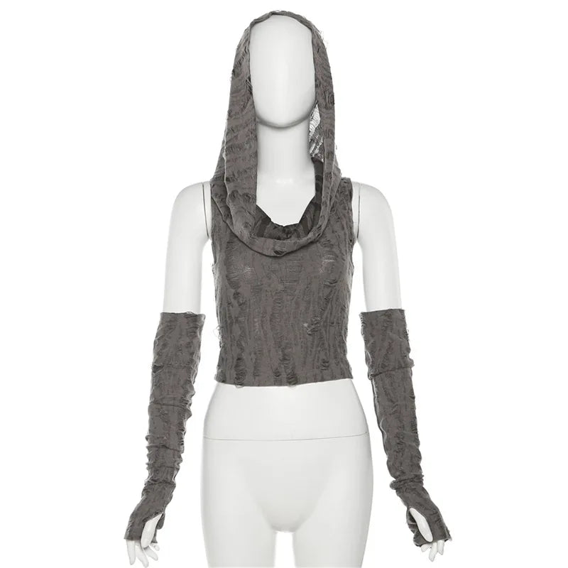 Sexy gothic teachwear Crop Top hooded Women Aesthetic T-shirts Y2K Retro Hooded Tops Streetwear Punk Tee Shirt Hottie clothes