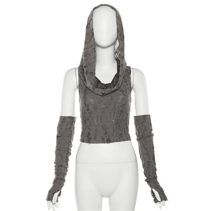 Sexy gothic teachwear Crop Top hooded Women Aesthetic T-shirts Y2K Retro Hooded Tops Streetwear Punk Tee Shirt Hottie clothes