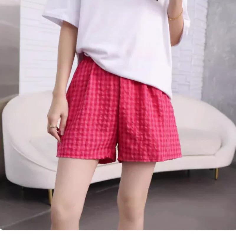 Summer Home Shorts Women's High Waisted Slimming Wide Leg Pants Sports Casual Pants Loose Plaid Pajama Pants Red grid